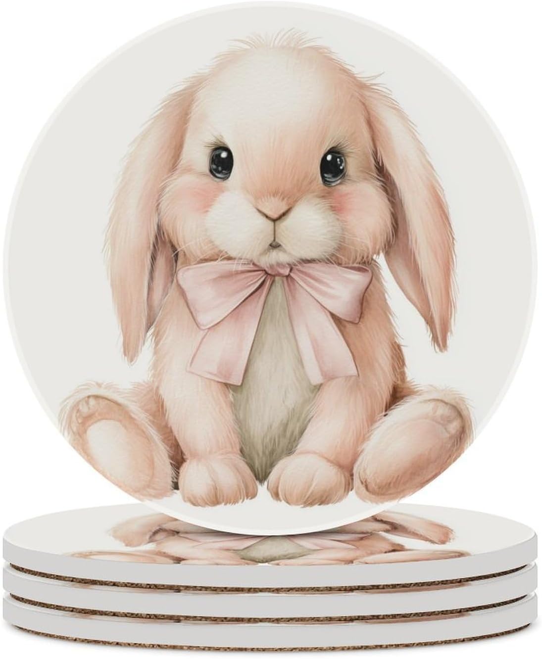 Watercolor Animal Light Pink Bunny Wearing Bow Coasters Set of 4 Absorbent Coasters