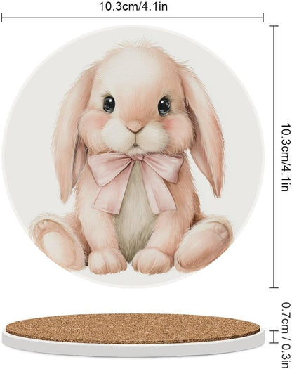 Watercolor Animal Light Pink Bunny Wearing Bow Coasters Set of 4 Absorbent Coasters