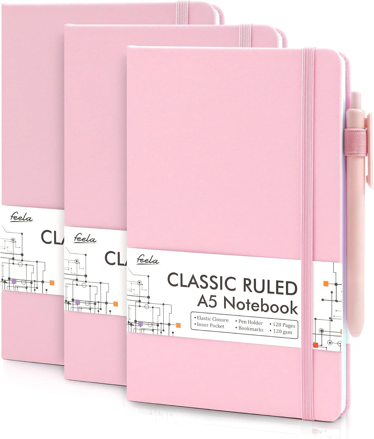 3 Pack Notebooks Journals Bulk, Hardcover Notebook Classic Ruled Lined Journals with Pen Holder for Women Girls School Business Supplies, with 3 Black Pens, 120 GSM, 5.1”x8.3”, A5, Rose Pink