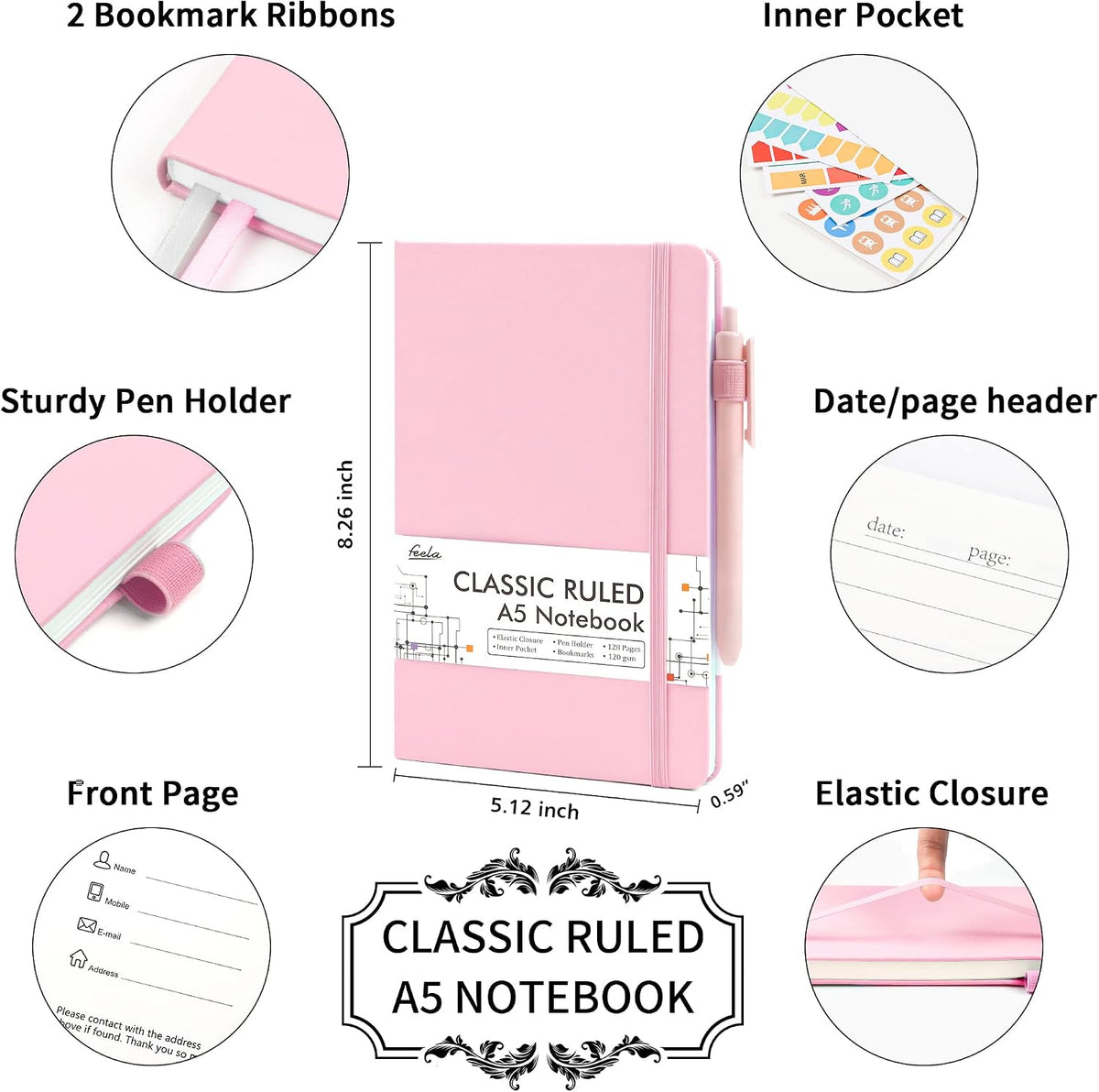3 Pack Notebooks Journals Bulk, Hardcover Notebook Classic Ruled Lined Journals with Pen Holder for Women Girls School Business Supplies, with 3 Black Pens, 120 GSM, 5.1”x8.3”, A5, Rose Pink