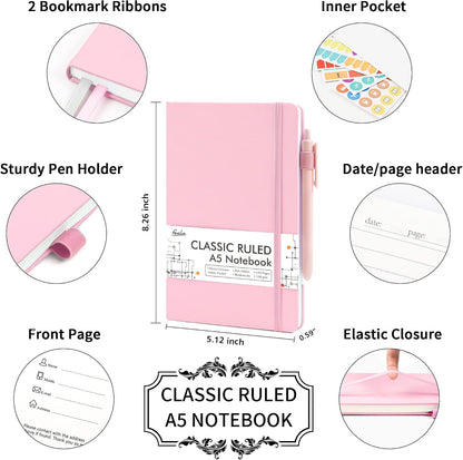 3 Pack Notebooks Journals Bulk, Hardcover Notebook Classic Ruled Lined Journals with Pen Holder for Women Girls School Business Supplies, with 3 Black Pens, 120 GSM, 5.1”x8.3”, A5, Rose Pink