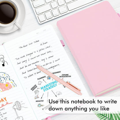 3 Pack Notebooks Journals Bulk, Hardcover Notebook Classic Ruled Lined Journals with Pen Holder for Women Girls School Business Supplies, with 3 Black Pens, 120 GSM, 5.1”x8.3”, A5, Rose Pink