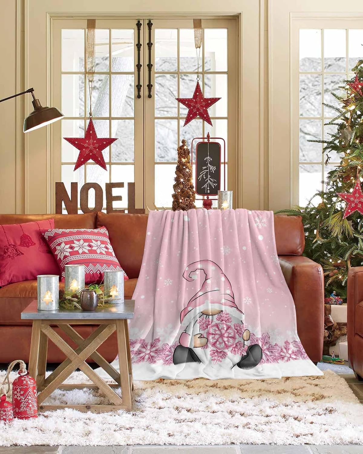 Christmas Throw Blanket Gnome Snowflake Blanket Soft Warm Cozy Flannel Fleece Blanket Pink Christmas Blankets for Home Sofa Chair Beds Christmas Decoration 40" x 50"