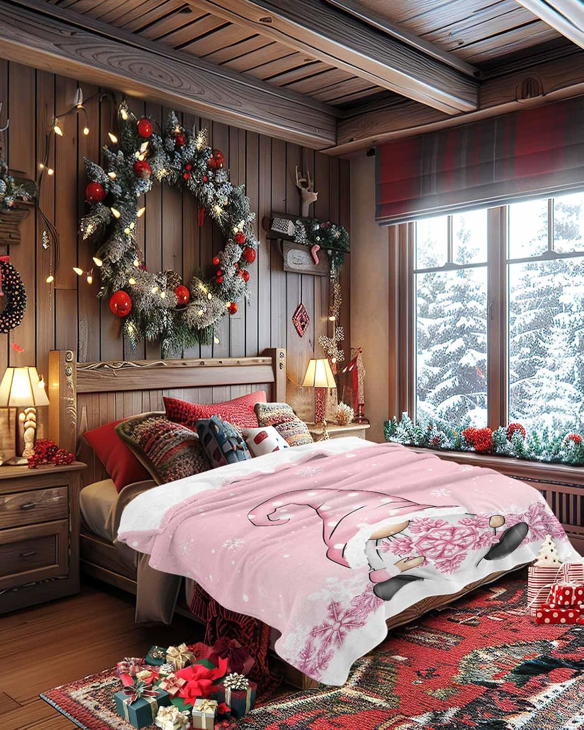 Christmas Throw Blanket Gnome Snowflake Blanket Soft Warm Cozy Flannel Fleece Blanket Pink Christmas Blankets for Home Sofa Chair Beds Christmas Decoration 40" x 50"
