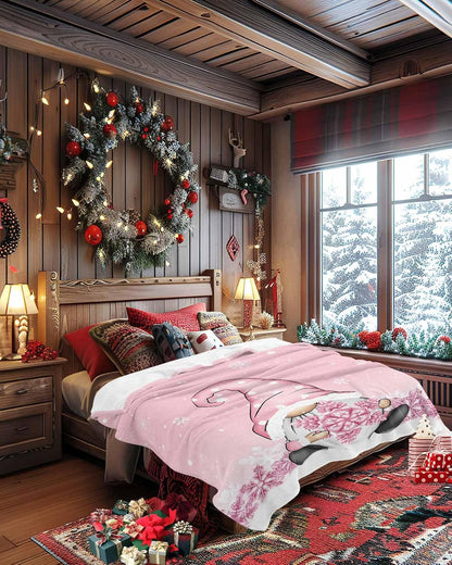 Christmas Throw Blanket Gnome Snowflake Blanket Soft Warm Cozy Flannel Fleece Blanket Pink Christmas Blankets for Home Sofa Chair Beds Christmas Decoration 40" x 50"