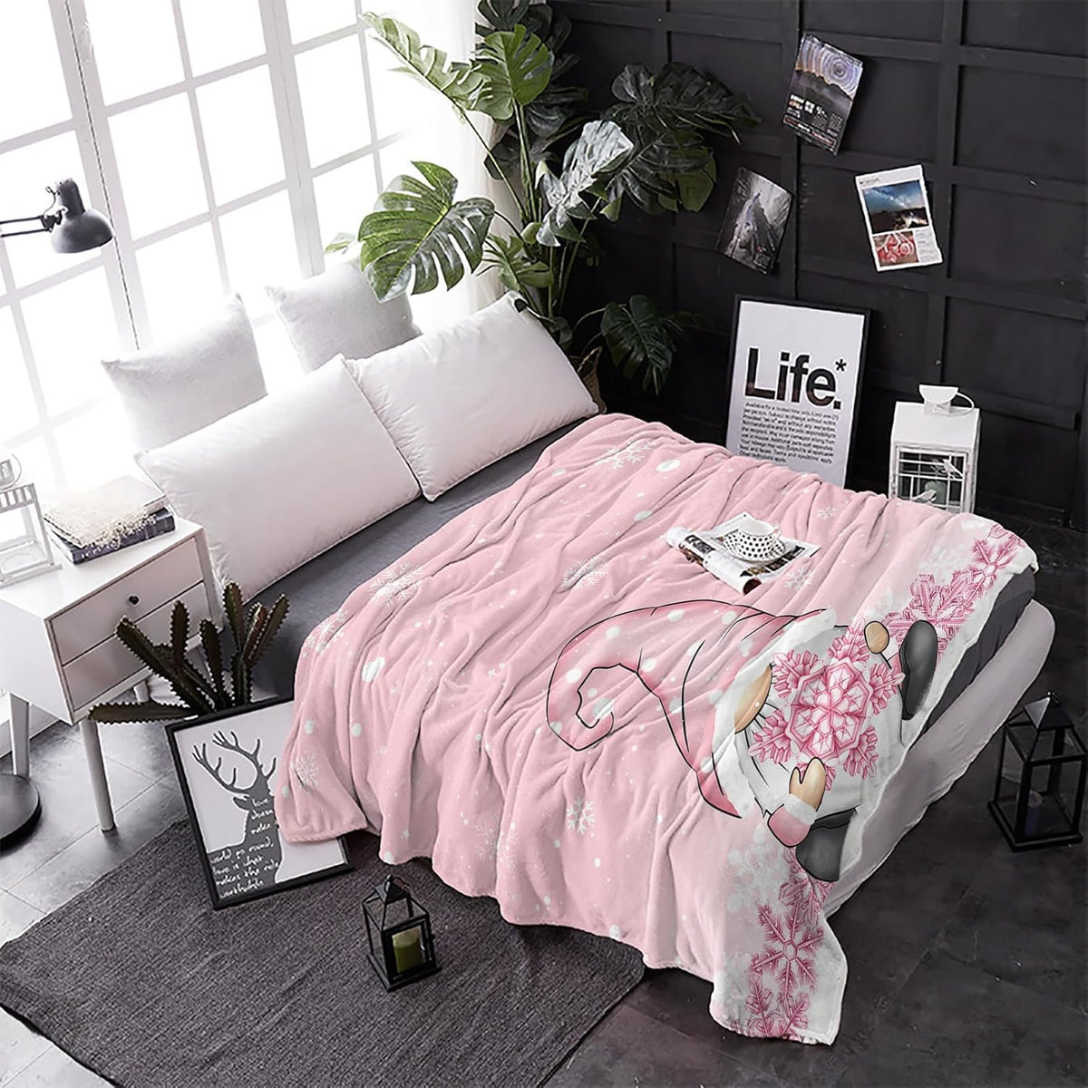 Christmas Throw Blanket Gnome Snowflake Blanket Soft Warm Cozy Flannel Fleece Blanket Pink Christmas Blankets for Home Sofa Chair Beds Christmas Decoration 40" x 50"