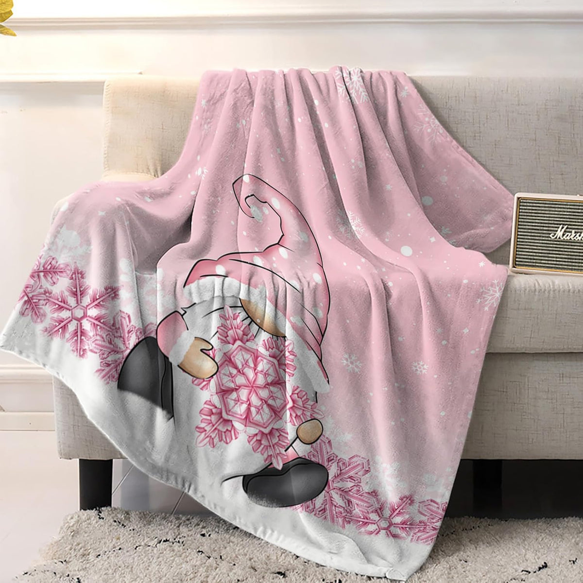 Christmas Throw Blanket Gnome Snowflake Blanket Soft Warm Cozy Flannel Fleece Blanket Pink Christmas Blankets for Home Sofa Chair Beds Christmas Decoration 40" x 50"