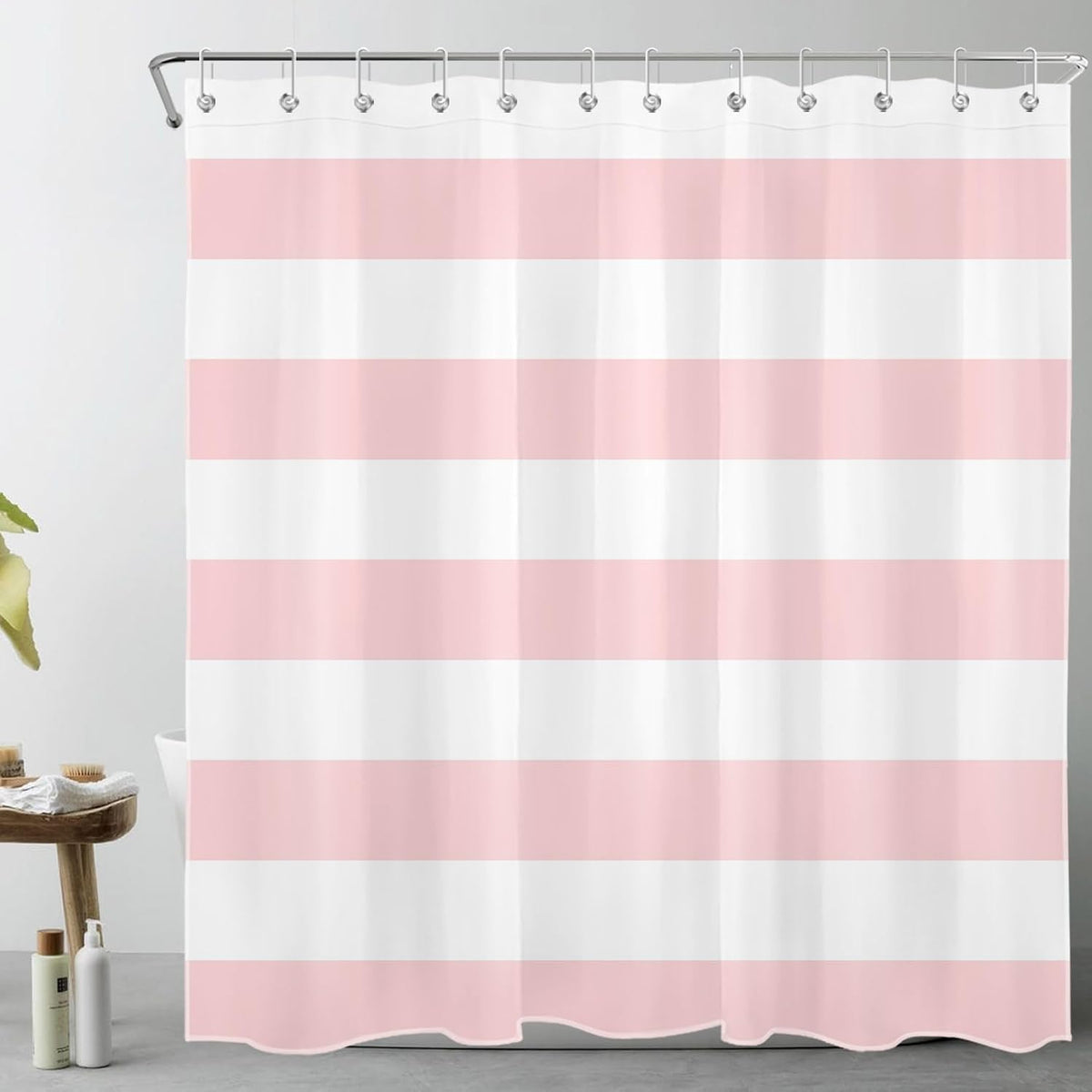 Pink Striped Shower Curtain Pink and White Bathroom Decor - Polyester Fabric 72x72 Inch with 12 Hooks, Modern Minimalist Stripe Bathroom Curtain Design for Bathtub/Shower