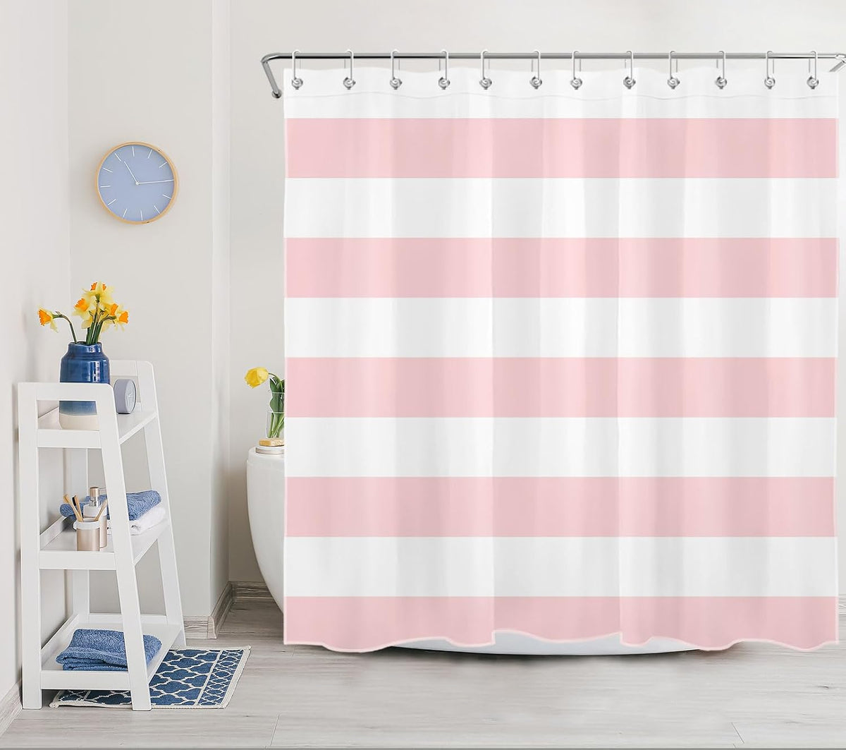 Pink Striped Shower Curtain Pink and White Bathroom Decor - Polyester Fabric 72x72 Inch with 12 Hooks, Modern Minimalist Stripe Bathroom Curtain Design for Bathtub/Shower