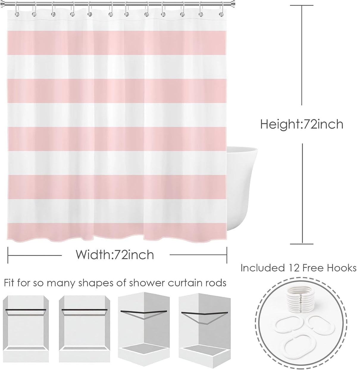 Pink Striped Shower Curtain Pink and White Bathroom Decor - Polyester Fabric 72x72 Inch with 12 Hooks, Modern Minimalist Stripe Bathroom Curtain Design for Bathtub/Shower