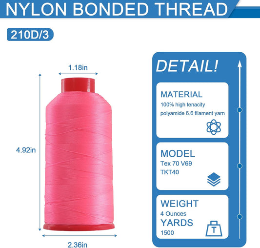 Heavy Duty Bonded Nylon 66 Sewing Thread 210D/3 T70#69 1500 Yards for Canvas Furniture Upholstery Leather Goods Automotive Leather Footwear Outdoors (4047-Neon Pink)