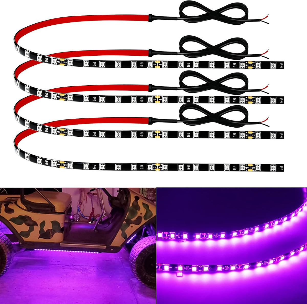 12V Led Light Strip Pink for Cars 24Inch Connectable 4Pack