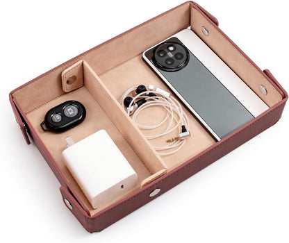 PU Leather Valet Tray Small NightStand Bedside Entry Table Trya with Partition for Phone Jewelry Glasses Keys and Coins Father's Day Birthday Gifts (Brown and Pink)