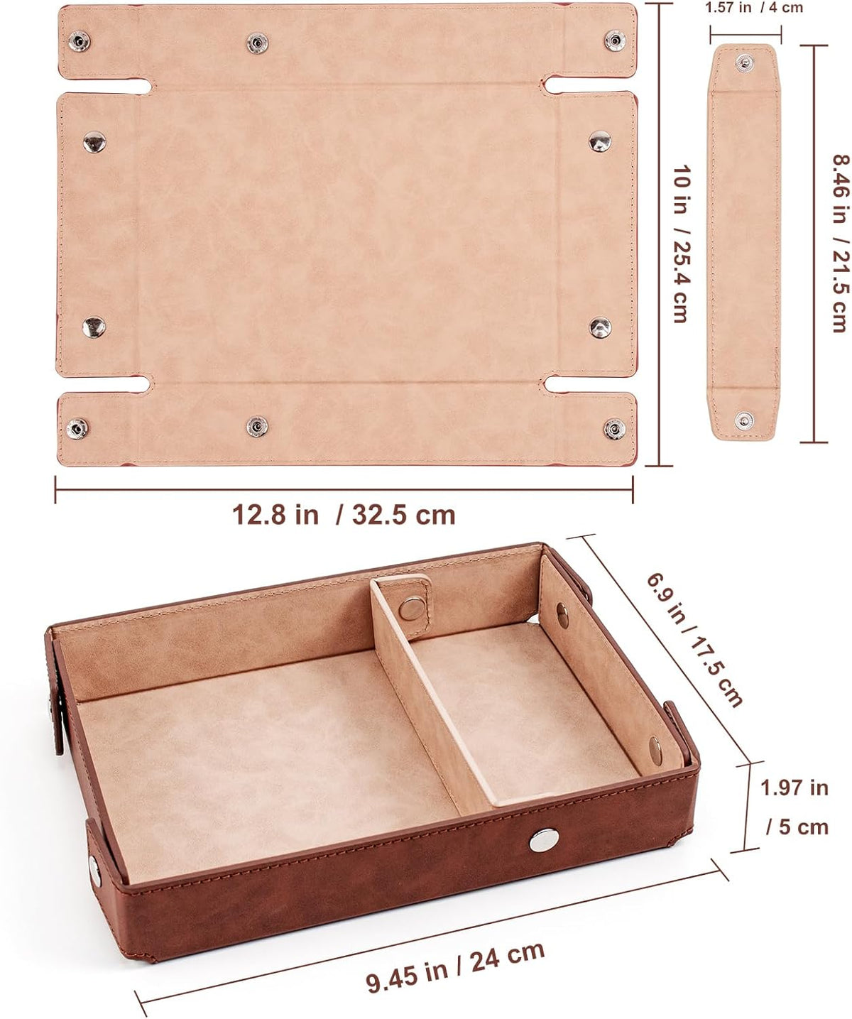 PU Leather Valet Tray Small NightStand Bedside Entry Table Trya with Partition for Phone Jewelry Glasses Keys and Coins Father's Day Birthday Gifts (Brown and Pink)