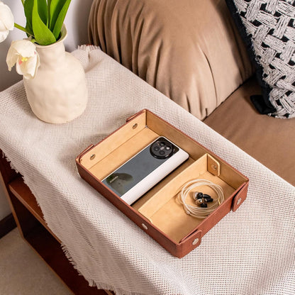 PU Leather Valet Tray Small NightStand Bedside Entry Table Trya with Partition for Phone Jewelry Glasses Keys and Coins Father's Day Birthday Gifts (Brown and Pink)