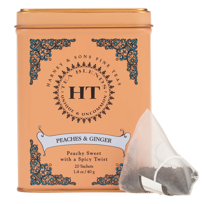 Harney & Sons Peaches & Ginger Black Tea, 20 Sachets in Tin | Black tea, peach & ginger flavors, sweet fruit with light spice, caffeinated