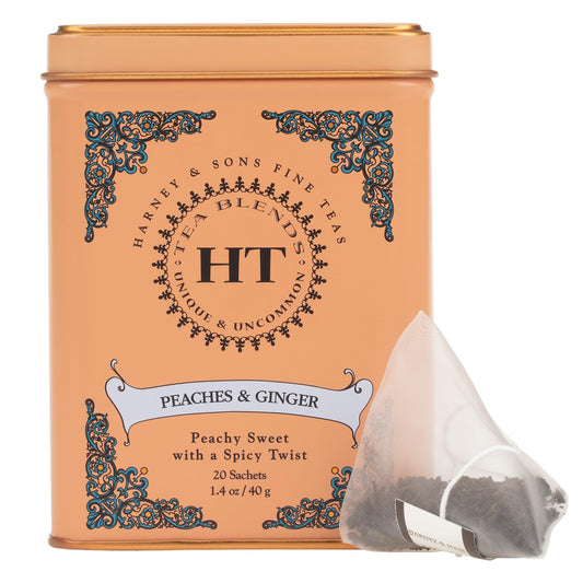 Harney & Sons Peaches & Ginger Black Tea, 20 Sachets in Tin | Black tea, peach & ginger flavors, sweet fruit with light spice, caffeinated