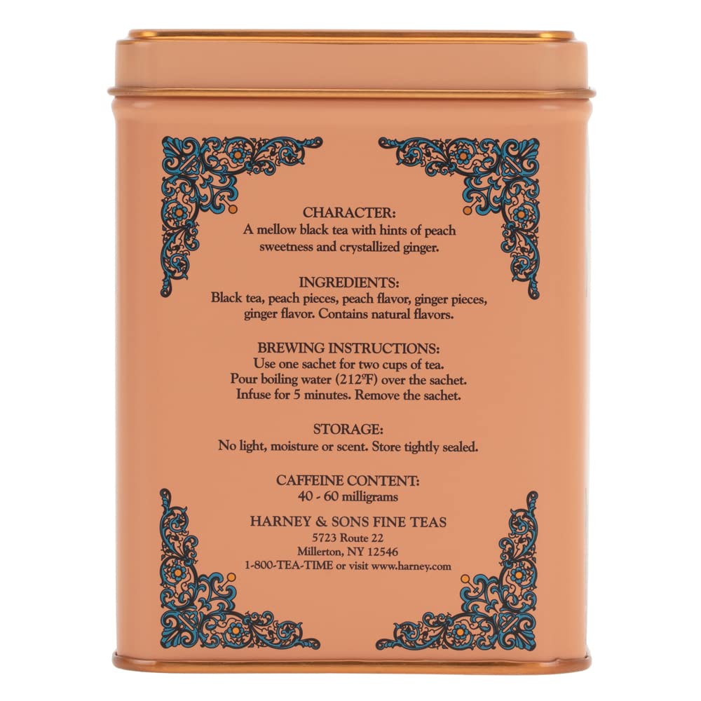 Harney & Sons Peaches & Ginger Black Tea, 20 Sachets in Tin | Black tea, peach & ginger flavors, sweet fruit with light spice, caffeinated