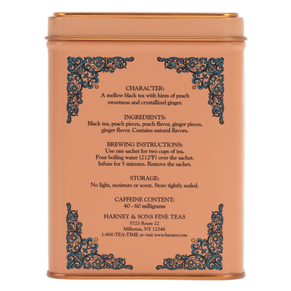Harney & Sons Peaches & Ginger Black Tea, 20 Sachets in Tin | Black tea, peach & ginger flavors, sweet fruit with light spice, caffeinated