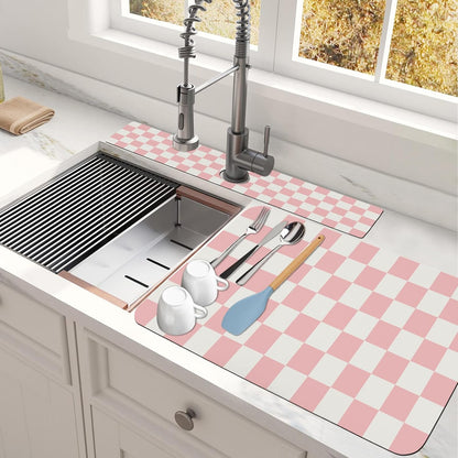 2PCS 23.5" x 15.5" Dish Drying Mat & 24" x 5.5" Sink Splash Guard, Ultra Absorbent & Cuttable Pink Checked Dish Mat Drying Kitchen Mat with Non-slip Rubber Backed, Drying Matt Kitchen Counter