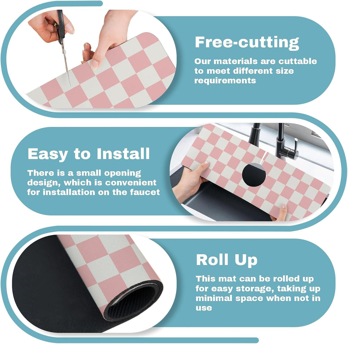 2PCS 23.5" x 15.5" Dish Drying Mat & 24" x 5.5" Sink Splash Guard, Ultra Absorbent & Cuttable Pink Checked Dish Mat Drying Kitchen Mat with Non-slip Rubber Backed, Drying Matt Kitchen Counter