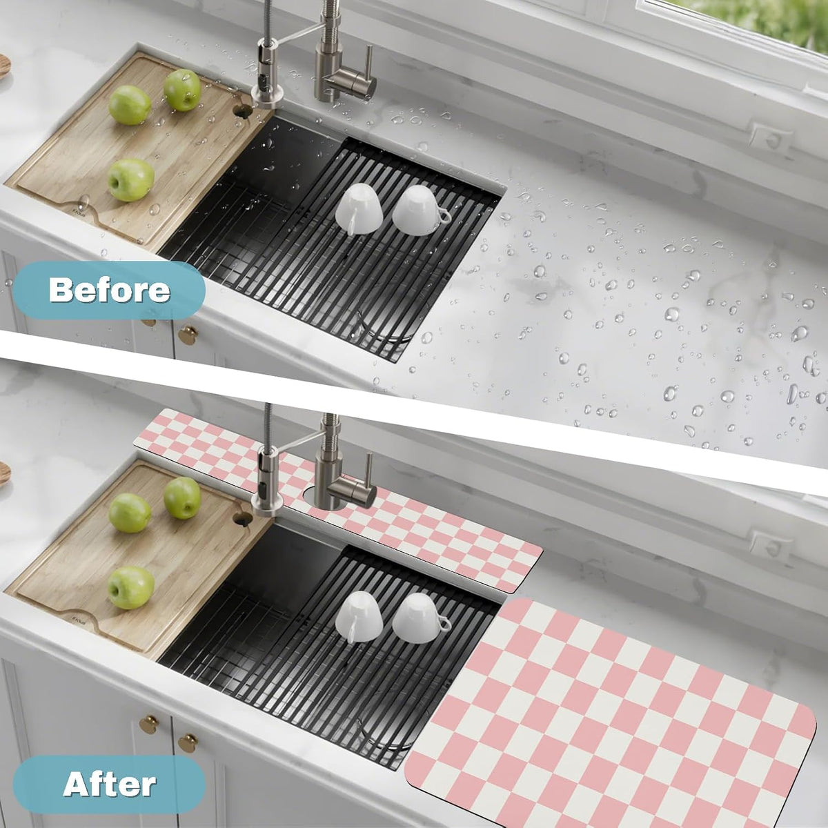 2PCS 23.5" x 15.5" Dish Drying Mat & 24" x 5.5" Sink Splash Guard, Ultra Absorbent & Cuttable Pink Checked Dish Mat Drying Kitchen Mat with Non-slip Rubber Backed, Drying Matt Kitchen Counter