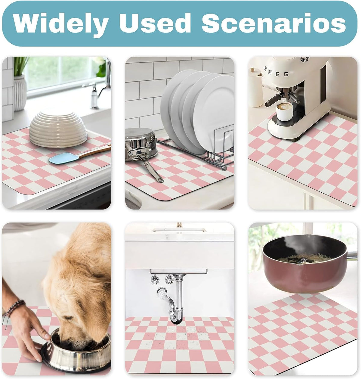 2PCS 23.5" x 15.5" Dish Drying Mat & 24" x 5.5" Sink Splash Guard, Ultra Absorbent & Cuttable Pink Checked Dish Mat Drying Kitchen Mat with Non-slip Rubber Backed, Drying Matt Kitchen Counter