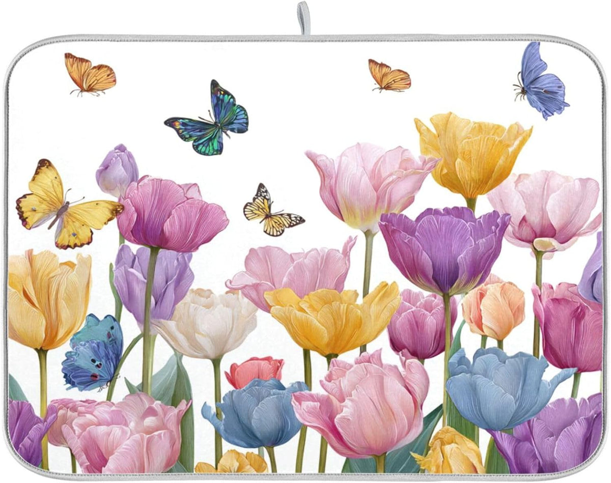 Light Pink Tulips Butterfly Dish Drying Mat for Kitchen Counter Drainer Rack Mats for Dishes Washable Absorbent Draining Heat Resistant Pad for Countertop 18x24