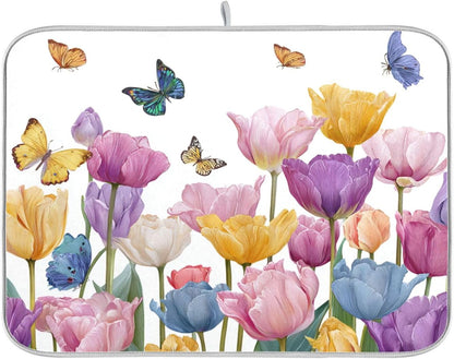 Light Pink Tulips Butterfly Dish Drying Mat for Kitchen Counter Drainer Rack Mats for Dishes Washable Absorbent Draining Heat Resistant Pad for Countertop 18x24