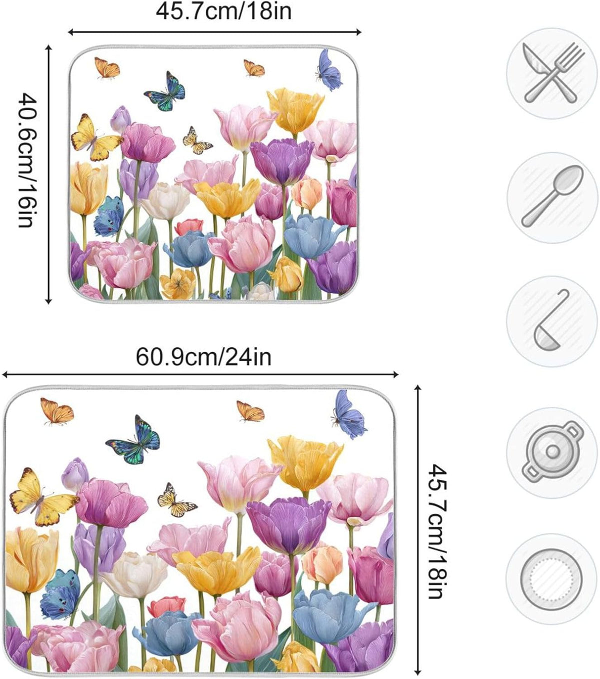 Light Pink Tulips Butterfly Dish Drying Mat for Kitchen Counter Drainer Rack Mats for Dishes Washable Absorbent Draining Heat Resistant Pad for Countertop 18x24