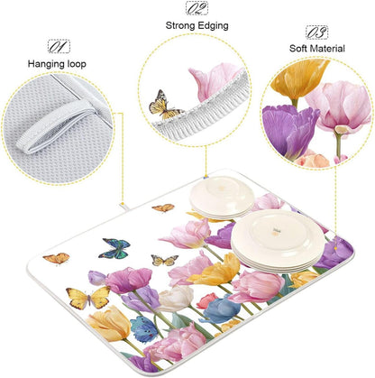 Light Pink Tulips Butterfly Dish Drying Mat for Kitchen Counter Drainer Rack Mats for Dishes Washable Absorbent Draining Heat Resistant Pad for Countertop 18x24