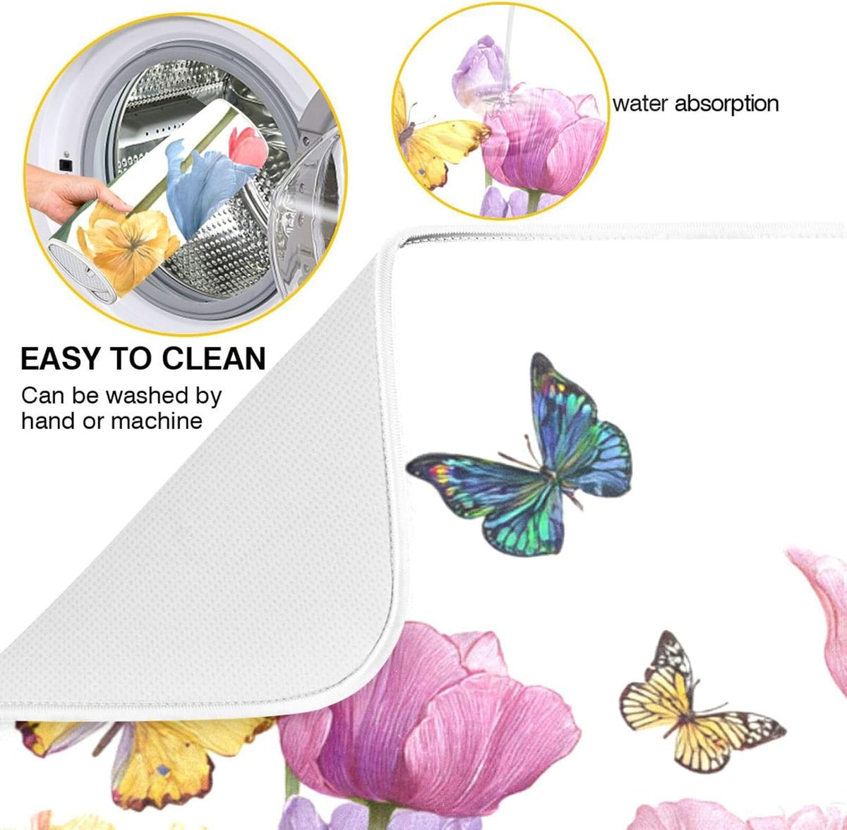 Light Pink Tulips Butterfly Dish Drying Mat for Kitchen Counter Drainer Rack Mats for Dishes Washable Absorbent Draining Heat Resistant Pad for Countertop 18x24