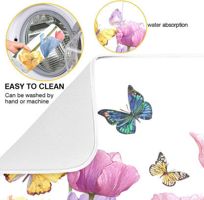 Light Pink Tulips Butterfly Dish Drying Mat for Kitchen Counter Drainer Rack Mats for Dishes Washable Absorbent Draining Heat Resistant Pad for Countertop 18x24