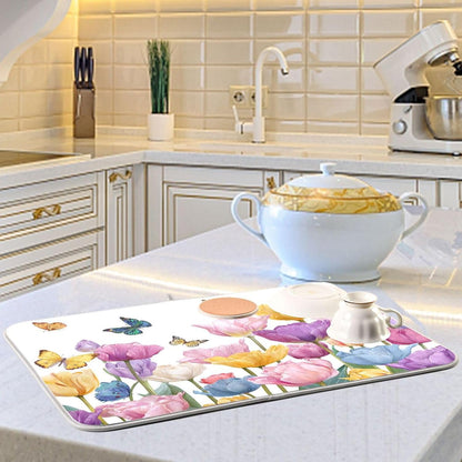 Light Pink Tulips Butterfly Dish Drying Mat for Kitchen Counter Drainer Rack Mats for Dishes Washable Absorbent Draining Heat Resistant Pad for Countertop 18x24