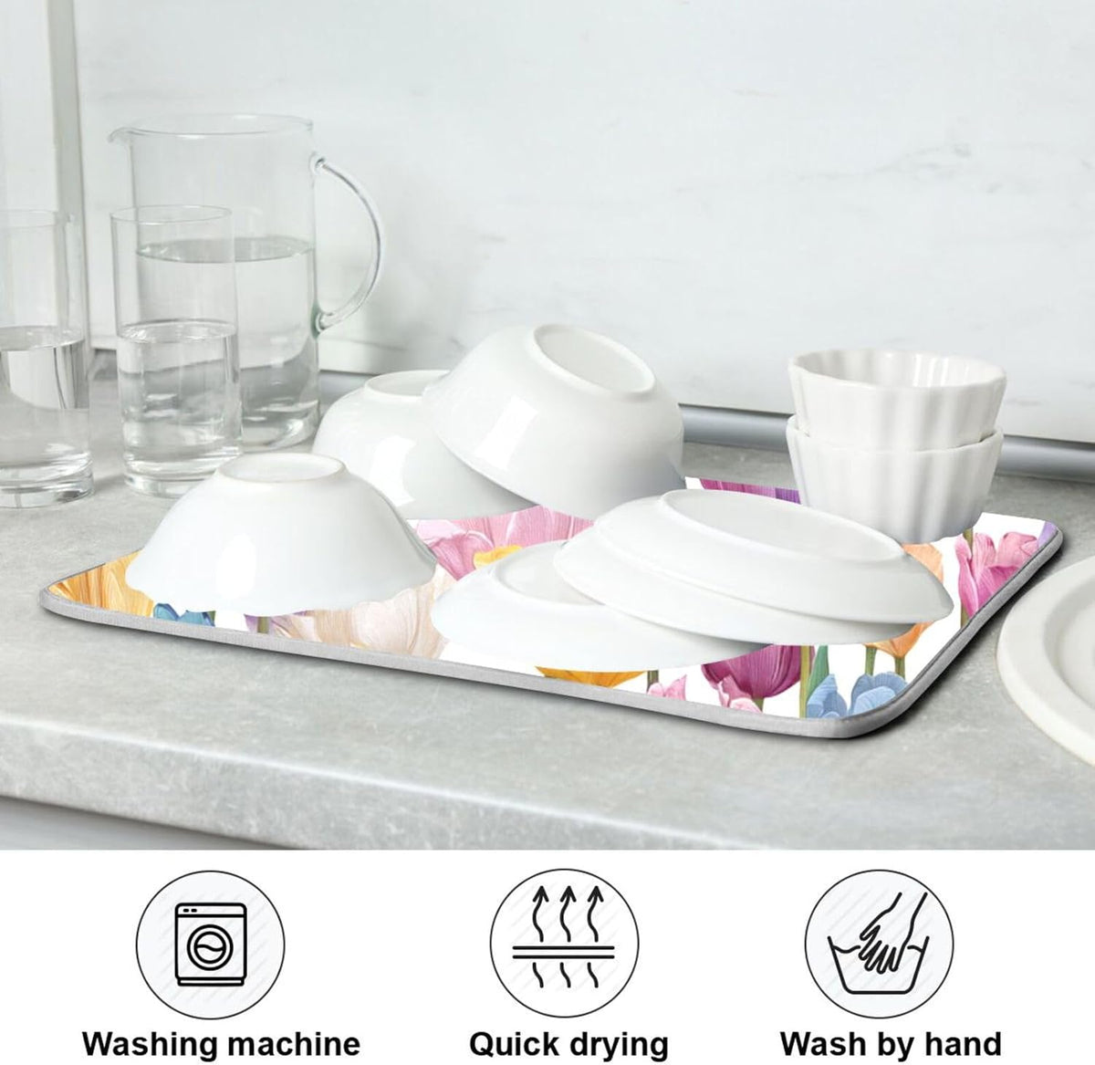 Light Pink Tulips Butterfly Dish Drying Mat for Kitchen Counter Drainer Rack Mats for Dishes Washable Absorbent Draining Heat Resistant Pad for Countertop 18x24