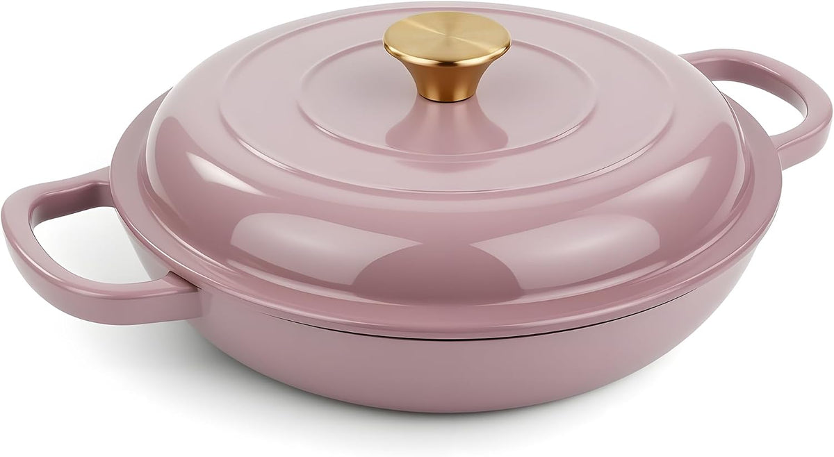 3 Quart Enameled Cast Iron Braiser, Non Stick Enameled Cast Iron Skillet with Lid, Dutch Oven Skillet with lid up to 500°F for Oven, Stove, Grill, Shallow Dutch Oven for Cook, Bake (Pink)