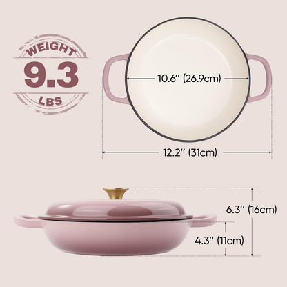 3 Quart Enameled Cast Iron Braiser, Non Stick Enameled Cast Iron Skillet with Lid, Dutch Oven Skillet with lid up to 500°F for Oven, Stove, Grill, Shallow Dutch Oven for Cook, Bake (Pink)
