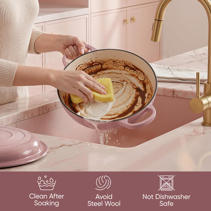 3 Quart Enameled Cast Iron Braiser, Non Stick Enameled Cast Iron Skillet with Lid, Dutch Oven Skillet with lid up to 500°F for Oven, Stove, Grill, Shallow Dutch Oven for Cook, Bake (Pink)