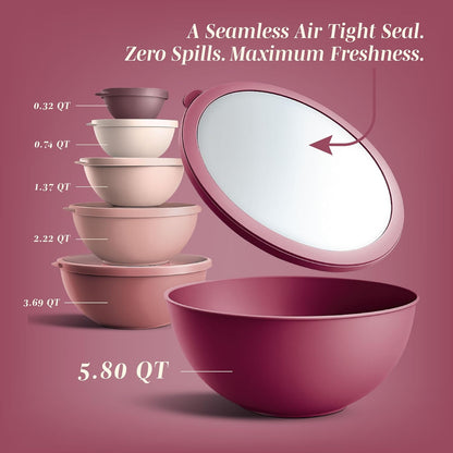 Mixing Bowls with Lids - 12 Piece Plastic Nesting Bowls Set includes 6 Prep Bowls and 6 Lids, Microwave Safe Mixing Bowl Set, Rose TPR Lid