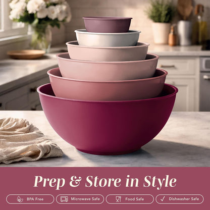 Mixing Bowls with Lids - 12 Piece Plastic Nesting Bowls Set includes 6 Prep Bowls and 6 Lids, Microwave Safe Mixing Bowl Set, Rose TPR Lid
