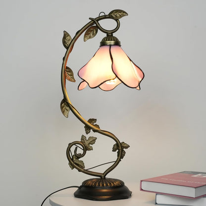 Tiffany Style Table Lamp with Metal Leaf, Stained Glass Desk Lamp, Vintage Night Light, Art Deco Reading Light with Handmade Lampshade for Nightstand Living Room (Pink)