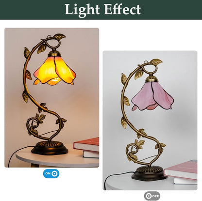 Tiffany Style Table Lamp with Metal Leaf, Stained Glass Desk Lamp, Vintage Night Light, Art Deco Reading Light with Handmade Lampshade for Nightstand Living Room (Pink)