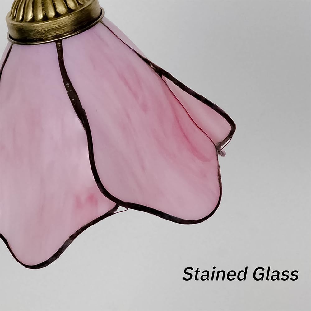 Tiffany Style Table Lamp with Metal Leaf, Stained Glass Desk Lamp, Vintage Night Light, Art Deco Reading Light with Handmade Lampshade for Nightstand Living Room (Pink)