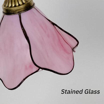 Tiffany Style Table Lamp with Metal Leaf, Stained Glass Desk Lamp, Vintage Night Light, Art Deco Reading Light with Handmade Lampshade for Nightstand Living Room (Pink)
