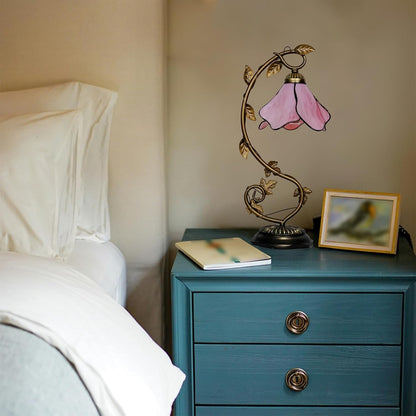 Tiffany Style Table Lamp with Metal Leaf, Stained Glass Desk Lamp, Vintage Night Light, Art Deco Reading Light with Handmade Lampshade for Nightstand Living Room (Pink)