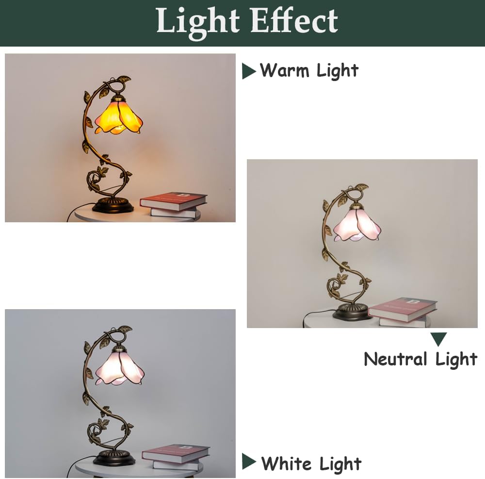 Tiffany Style Table Lamp with Metal Leaf, Stained Glass Desk Lamp, Vintage Night Light, Art Deco Reading Light with Handmade Lampshade for Nightstand Living Room (Pink)