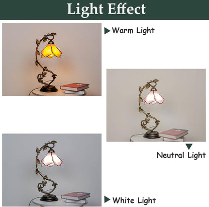 Tiffany Style Table Lamp with Metal Leaf, Stained Glass Desk Lamp, Vintage Night Light, Art Deco Reading Light with Handmade Lampshade for Nightstand Living Room (Pink)