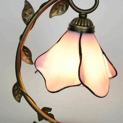 Tiffany Style Table Lamp with Metal Leaf, Stained Glass Desk Lamp, Vintage Night Light, Art Deco Reading Light with Handmade Lampshade for Nightstand Living Room (Pink)