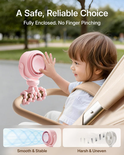 Portable Stroller Fan, Pinch-Proof Baby Fan - Pink
