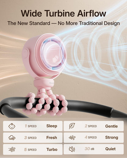 Portable Stroller Fan, Pinch-Proof Baby Fan - Pink